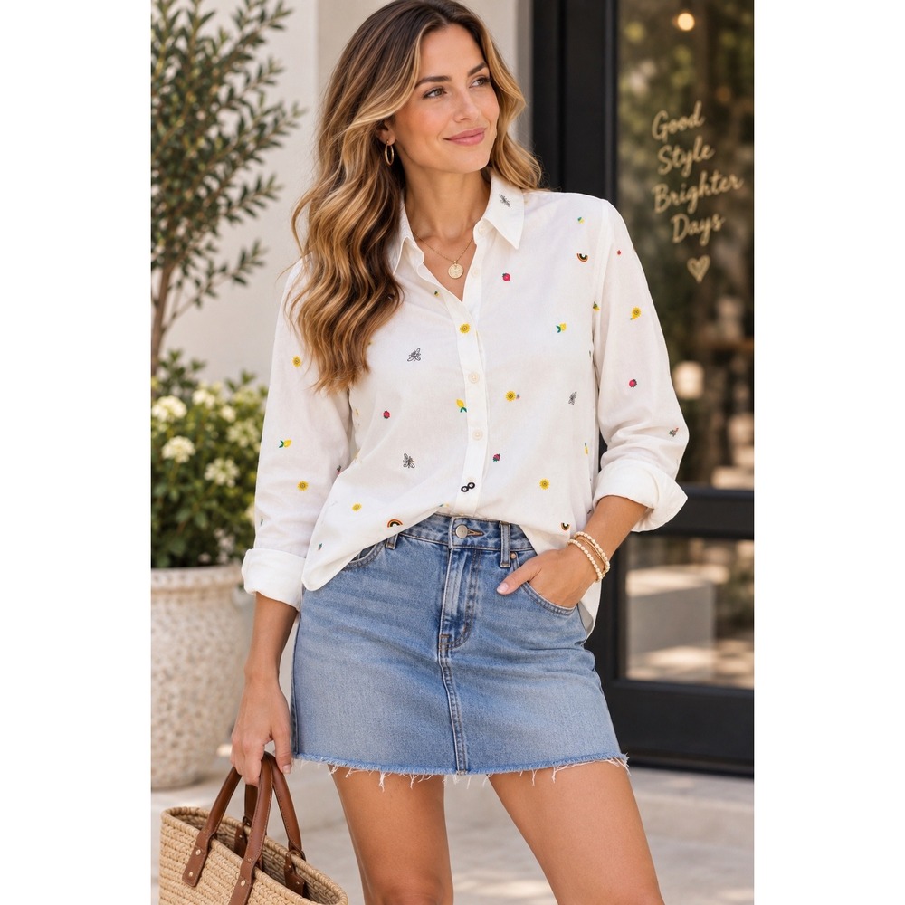 Joules Women's Size 12 White Embroidered Button Down Shirt Cotton Whimsical